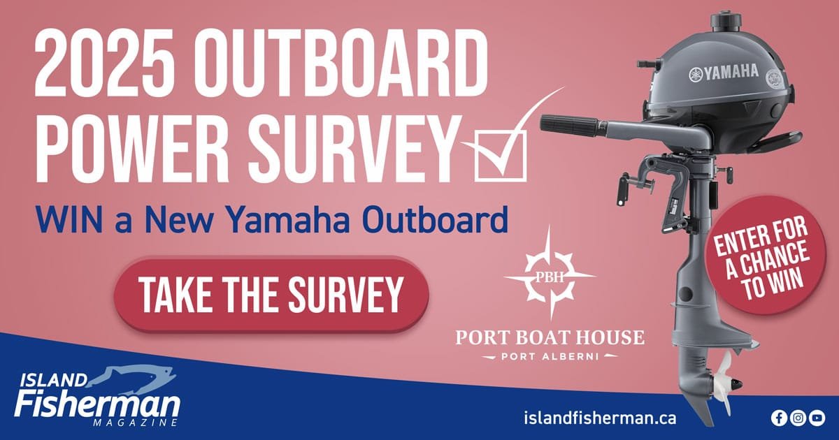 Yamaha outboard motor displayed prominently with a survey checkbox and promotional text for the 2025 Outboard Power Survey.
