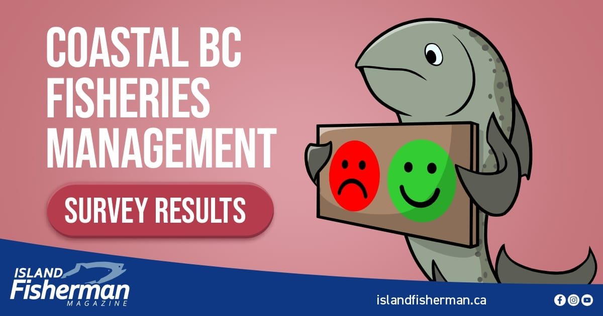 Cartoon fish holding a sign with red and green smiley faces, representing survey results on Coastal BC fisheries management.