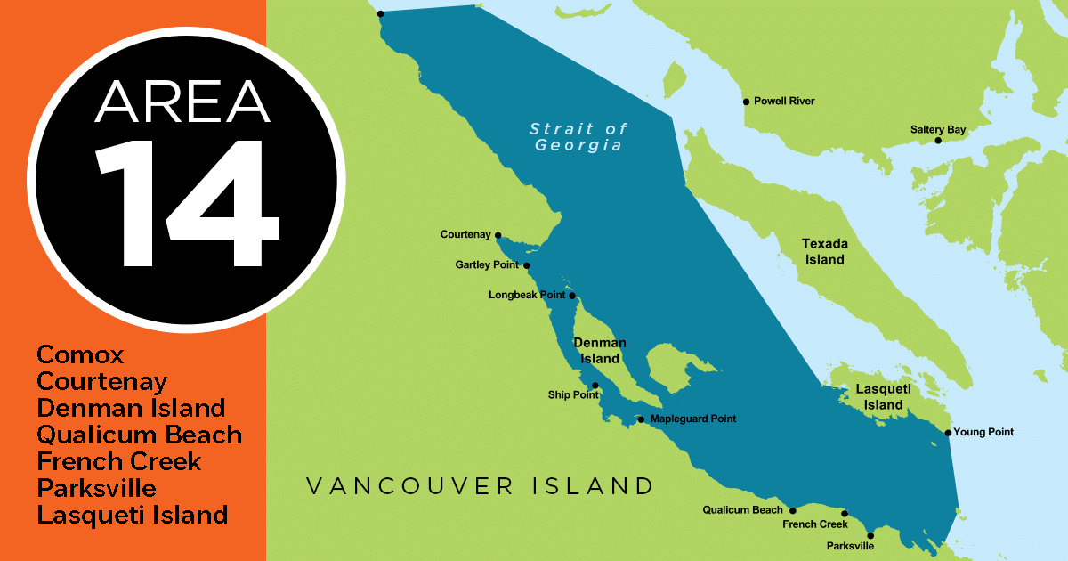 French Creek Fishing Report Map of Area 14 in Vancouver Island, highlighting the Strait of Georgia and nearby locations including Comox, Courtenay, and Denman Island.