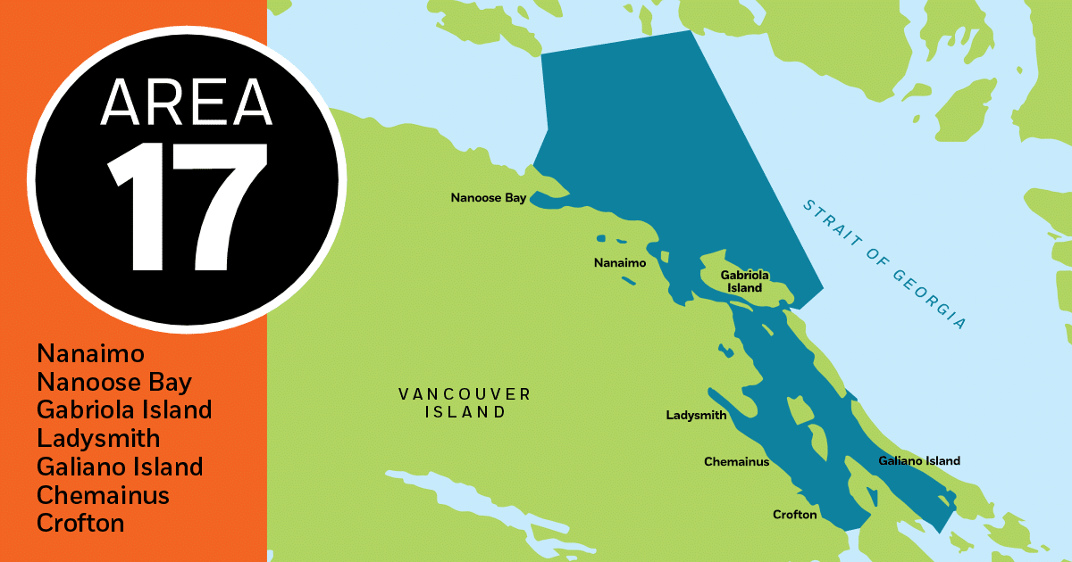 Nanaimo Fishing Report Map highlighting Area 17, including Nanaimo, Gabriola Island, and surrounding regions in the Strait of Georgia.
