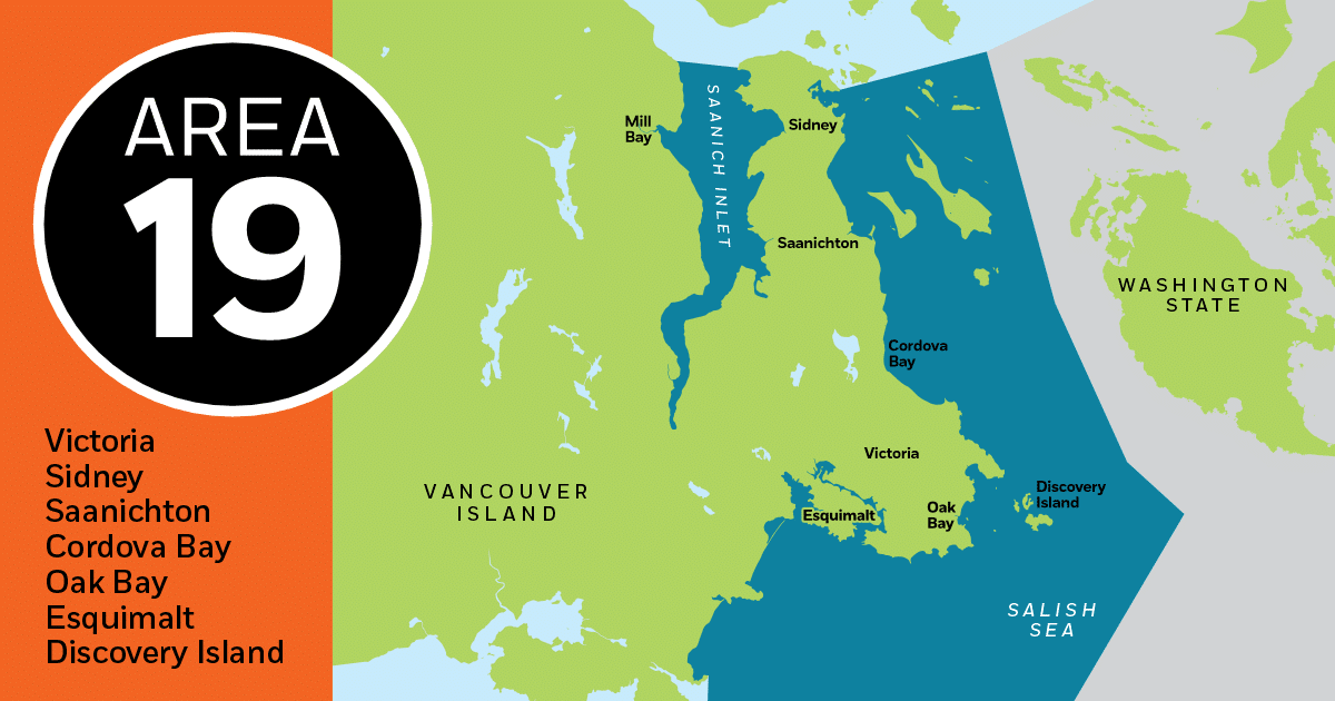 Victoria Fishing Report Map of Area 19, highlighting locations such as Victoria, Sidney, and Cordova Bay on Vancouver Island.