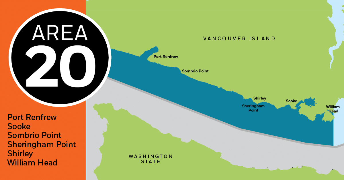 Sooke Fishing Report Map of Area 20 on Vancouver Island, highlighting Port Renfrew, Sooke, Sombrio Point, Sheringham Point, Shirley, and William Head.