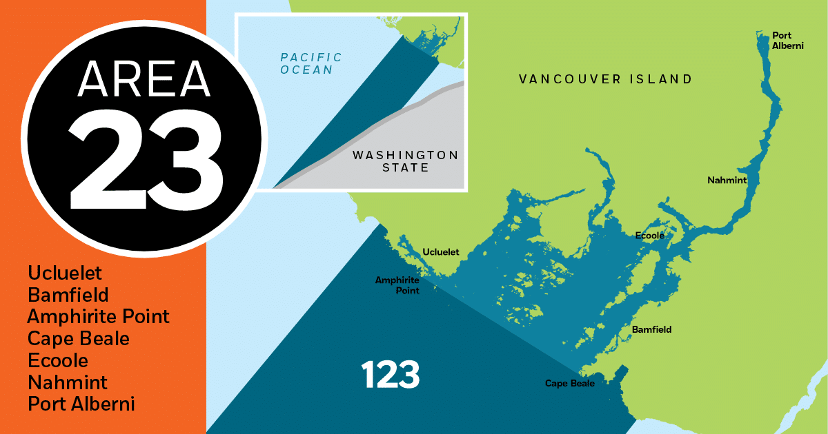 Bamfield Fishing Report Map of Area 23 on Vancouver Island, showing coastal features, including Ucluelet, Bamfield, and Port Alberni, with Pacific Ocean and Washington State.