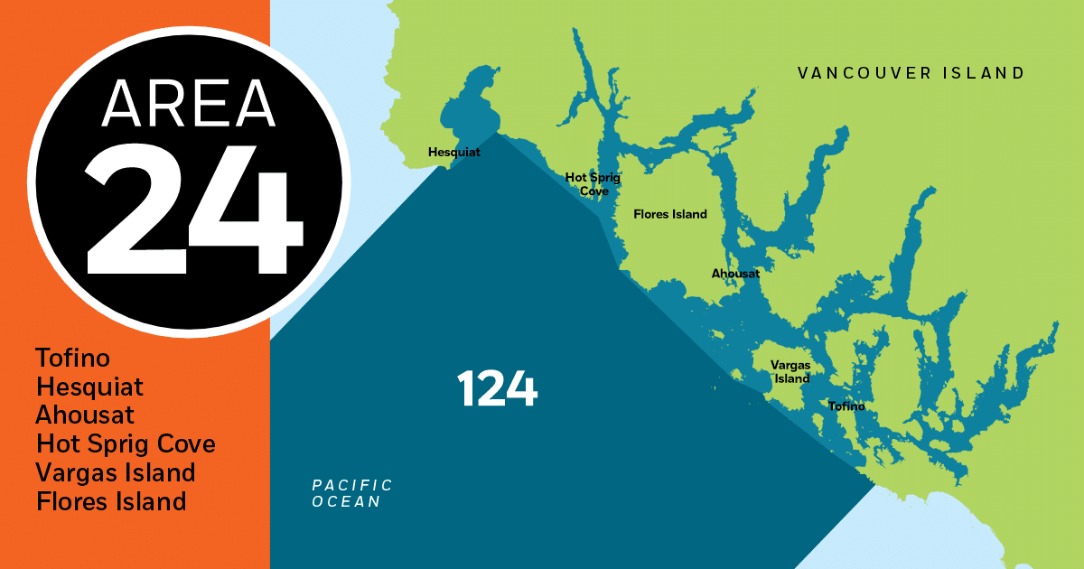 Map of Area 24, highlighting Tofino, Hesquiat, Ahouat, Hot Sprig Cove, Vargas Island, and Flores Island near Vancouver Island.