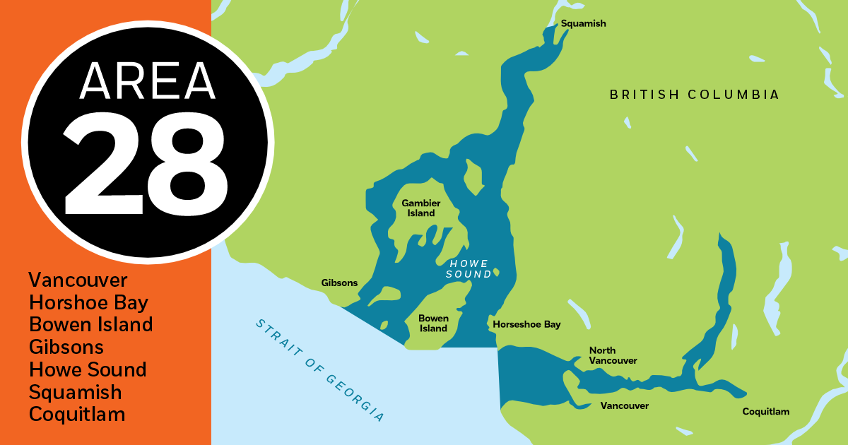 Vancouver Fishing Report Map of Area 28 in British Columbia, highlighting Vancouver, Bowen Island, Howe Sound, and surrounding regions.