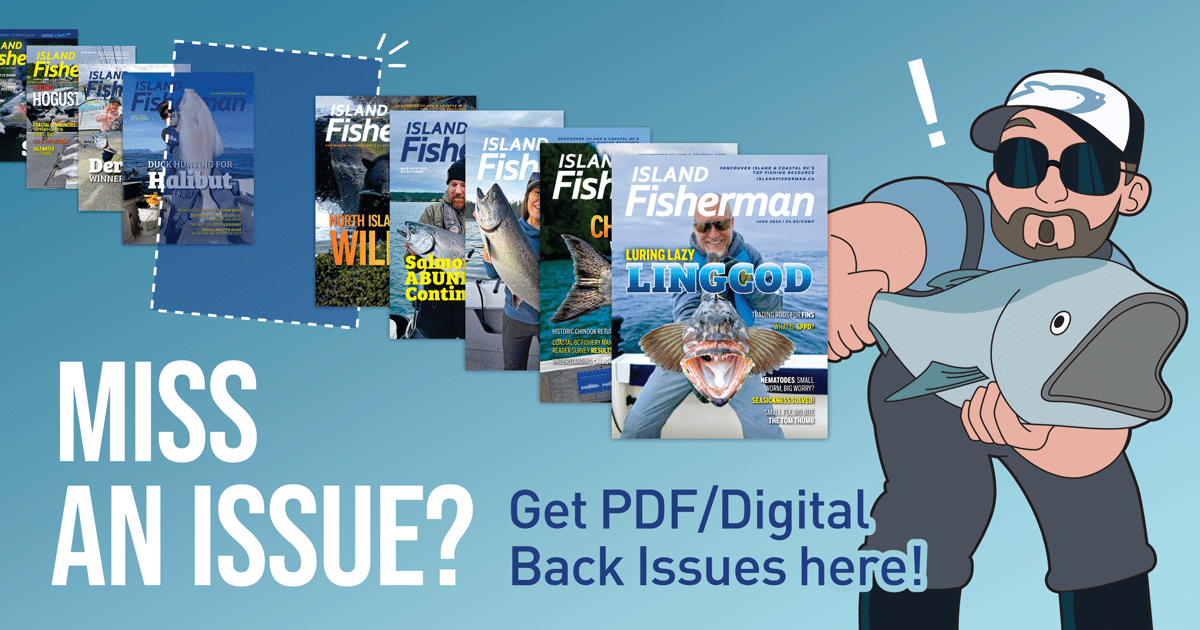 Illustration of a man holding a fish with various magazine covers of Island Fisherman displayed in a row, emphasizing digital back issues.