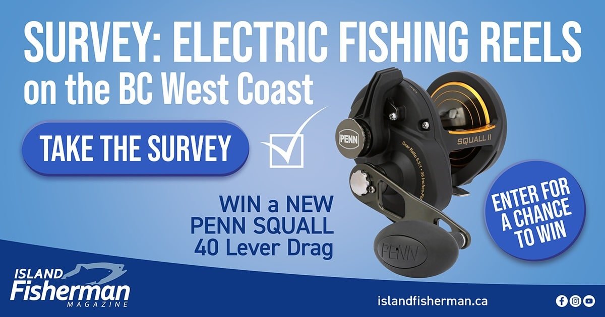 PENN Squall II 40 lever drag electric fishing reel displayed prominently in a promotional graphic for a survey on electric fishing reels.