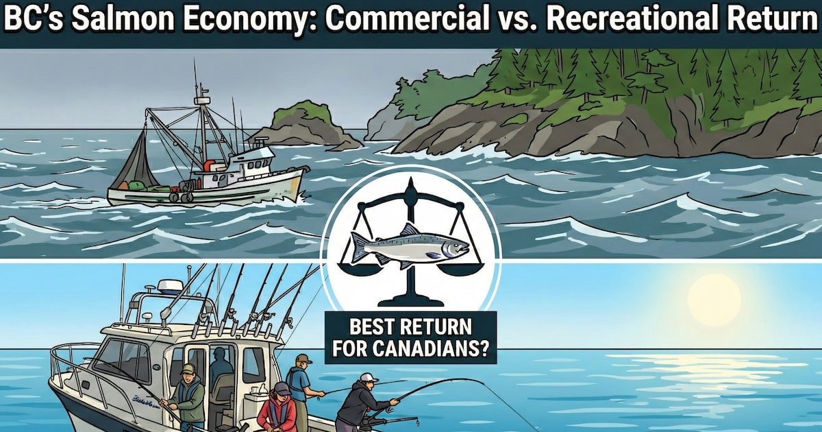 cartoon of a commercial salmon baot vs a recreational salmon boat fishing