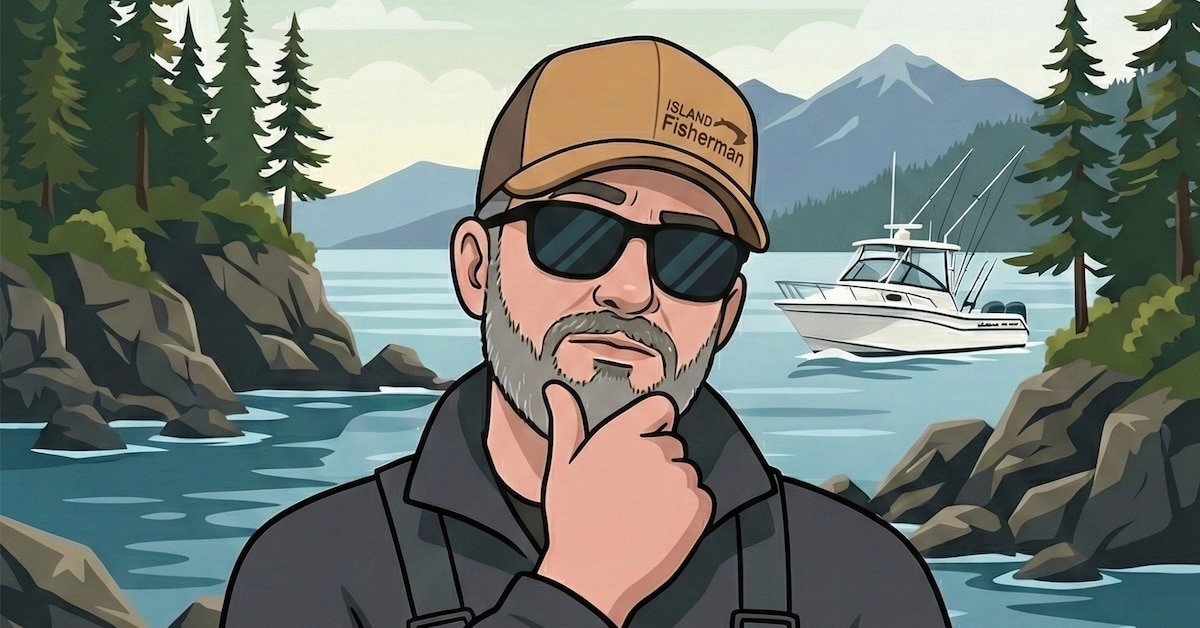 Illustration of a man in sunglasses and a fishing hat, posing thoughtfully with a scenic coastal background featuring a boat and mountains.