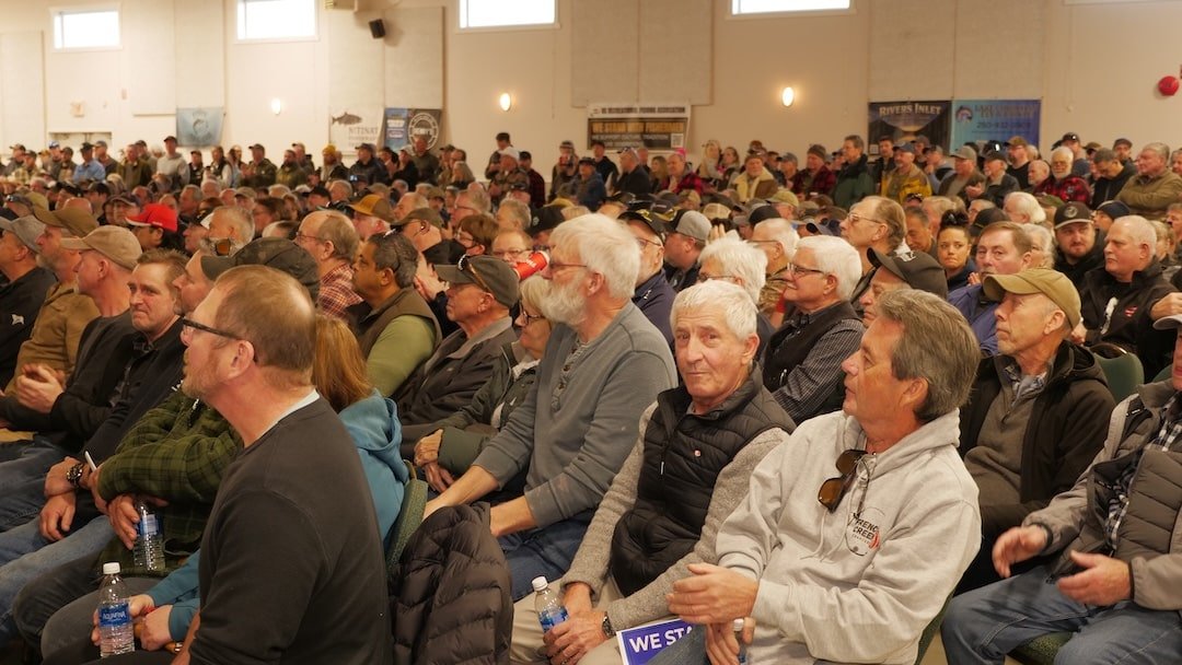 A capacity crowd of over 1,400 people seated in a large hall at the Cowichan Exhibition Park in Duncan, BC, for the BC Recreational Fishing Association town hall.