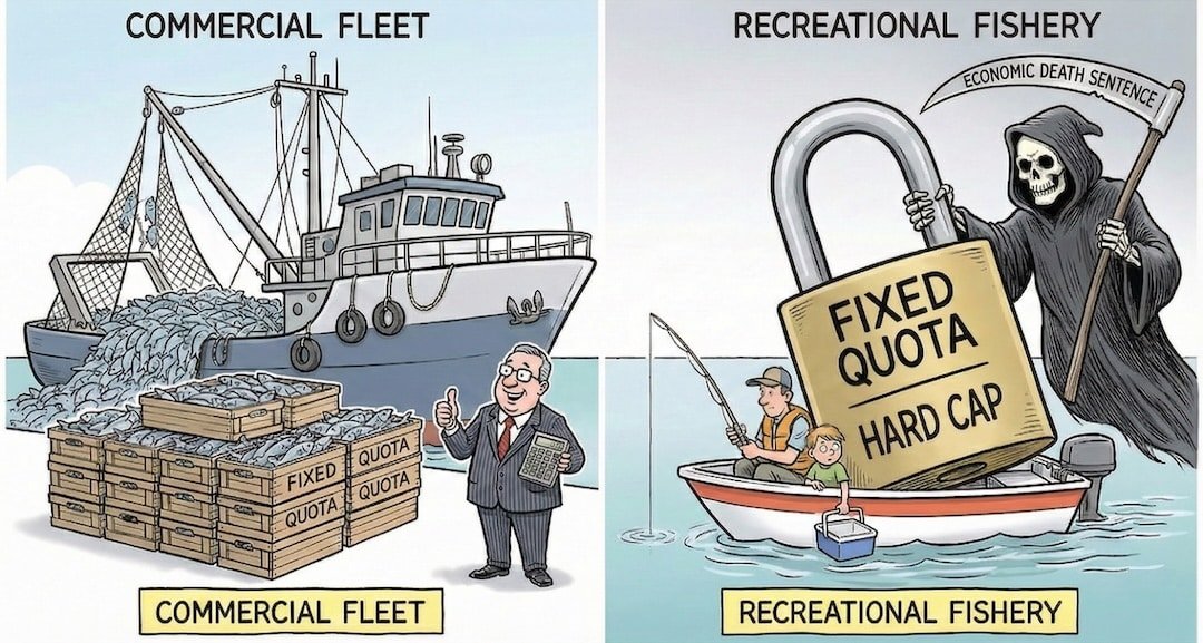 Comparison of commercial boat using fixed quotas for salmon fishing compared to a recreational fishing boat. Death is a grim reaper.