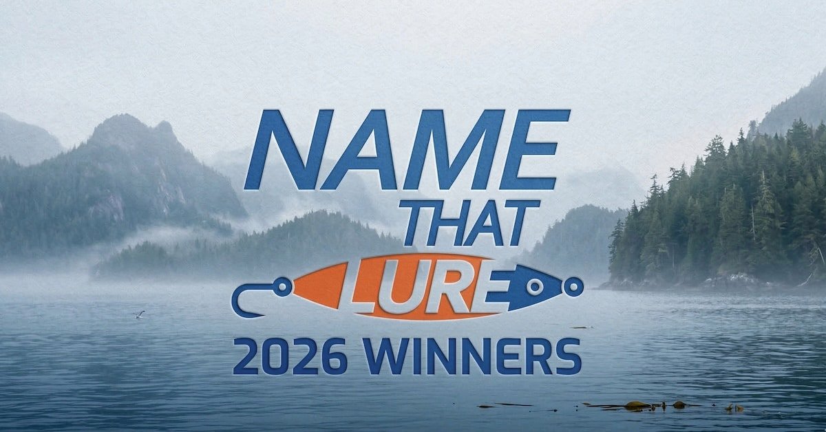 Name That Lure Quiz 2026 Winners. Infographic announcing the 2026 Island Fisherman Magazine Name That Lure Quiz Winners, featuring prizes from Savage Rods, Amundson, Penn, and Gibbs Fishing on a blue and white nautical background.