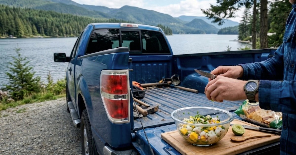 Preparing an easy no-cook halibut ceviche recipe on the tailgate of the truck during a lakeside camping trip.