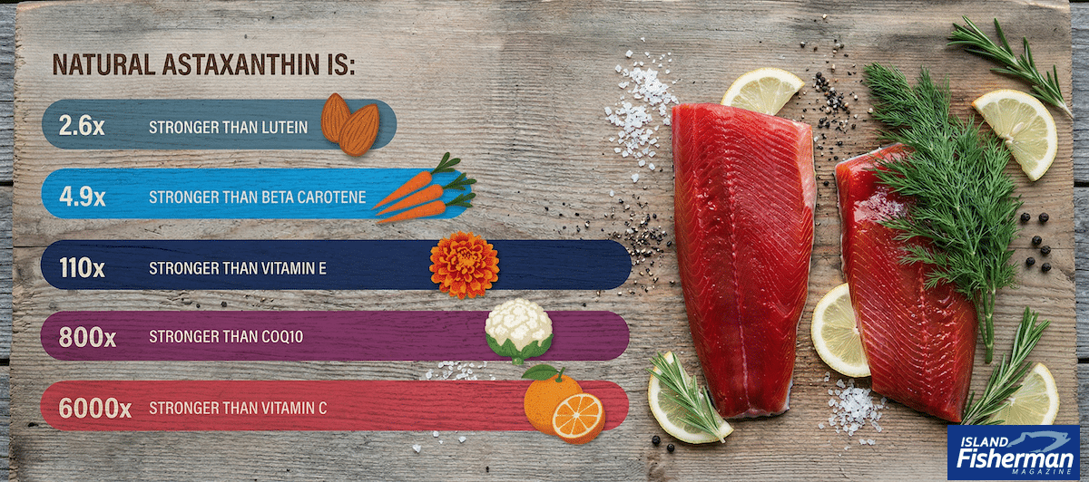 Infographic comparing Pacific salmon nutrition and the antioxidant strength of natural astaxanthin