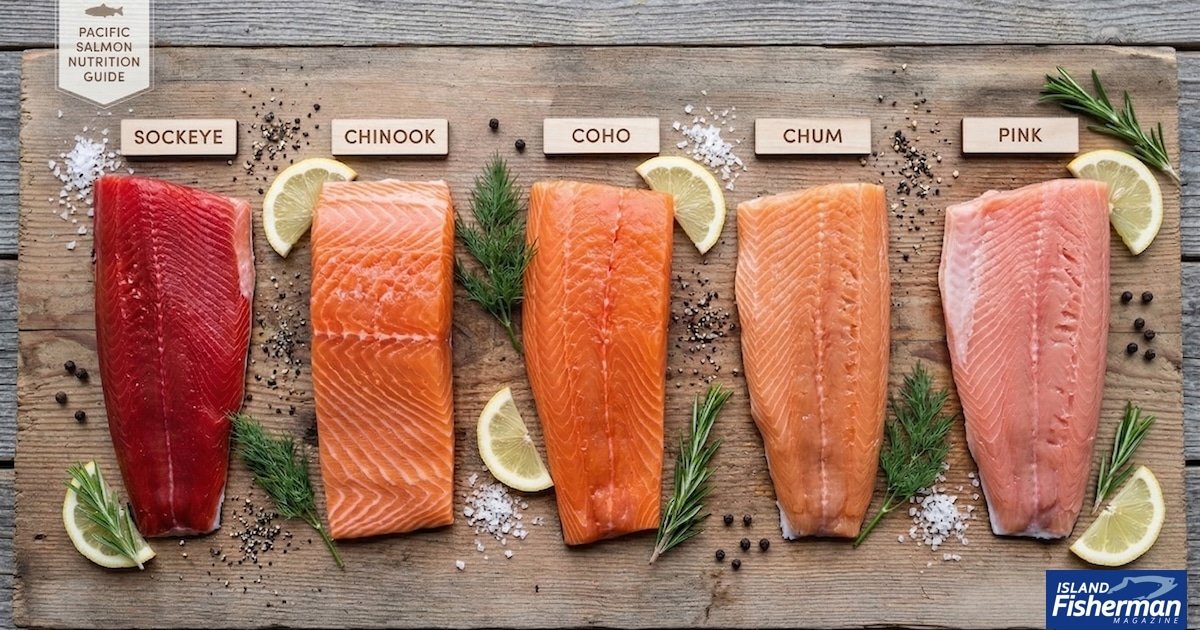 Top-down photograph comparing five raw wild Pacific salmon fillets—Sockeye, Chinook, Coho, Chum, and Pink—on a rustic wood plank, highlighting the colour and texture differences of each species.